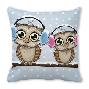 Winter cartoon owl peach skin pillowcase with cute birds on snowy branches illustration