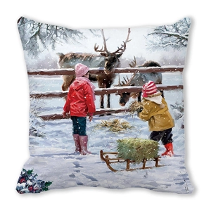 Close-up of peach skin texture showing oil painting style Christmas reindeer illustration