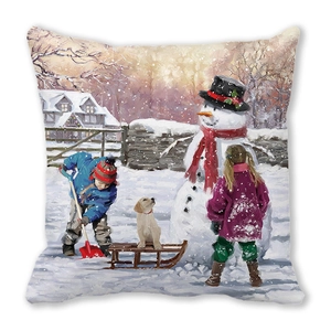 Detailed view of Merry Christmas peach skin pillow featuring a festive winter oil painting print