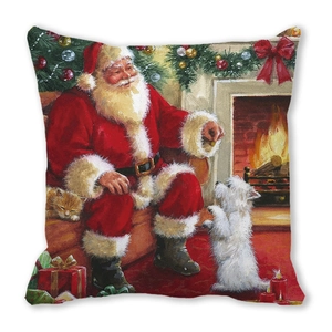 Merry Christmas pillow cover featuring oil painting style Santa Claus and cozy pets scene
