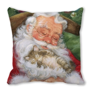 Detail of Christmas pillowcase featuring Santa Claus holding a sleeping cat illustration