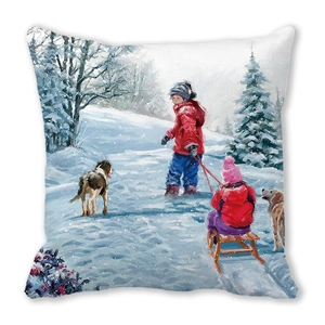 Detail of Christmas peach skin cushion cover featuring oil painting winter snow scene