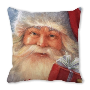 Detail of oil painting Santa Claus print on soft peach skin Christmas cushion cover