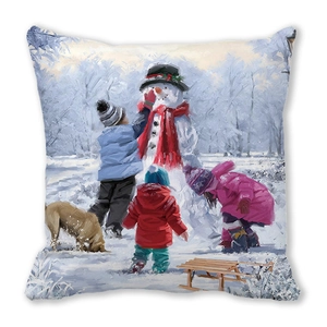 Square peach skin pillow with oil painting scene of kids and snowman for Christmas