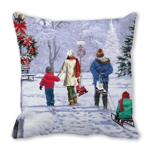 Macro detail of Christmas pillow cover showing oil painting winter snow scene illustration