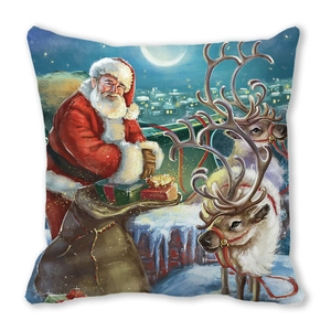 Detail of Christmas peach skin pillowcase showing Santa and reindeer on a snowy roof