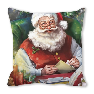Detailed close-up of a Merry Christmas peach skin pillow featuring Santa Claus reading letters