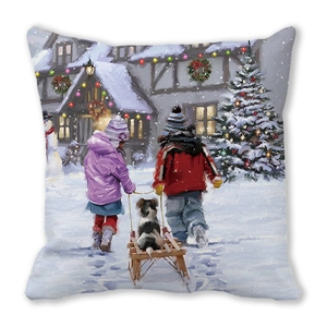 Detail of Christmas peach skin cushion cover with painted snowy scene and children