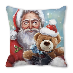 Merry Christmas square pillow featuring Santa Claus hugging a teddy bear on white background