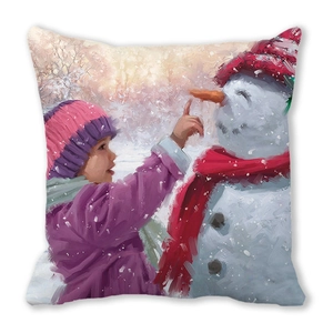 Merry Christmas peach skin pillow featuring child and snowman oil painting scene