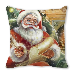 Detail of Christmas pillowcase showing Santa Claus writing with a quill on peach skin fabric