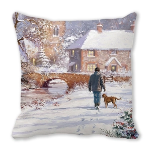 Detail of artistic oil painting print on Christmas peach skin pillowcase with snow scene
