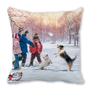 Detail of soft peach skin cushion featuring artistic winter snow scene and kids