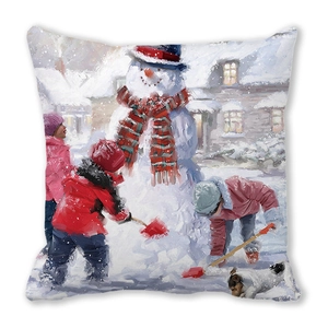 Macro view of Christmas cushion cover with snowy winter scene and oil painting style