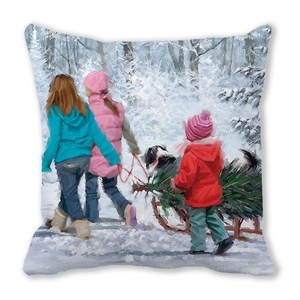 Detail of soft peach skin Christmas pillow cover showing kids and dog in snowy forest scene