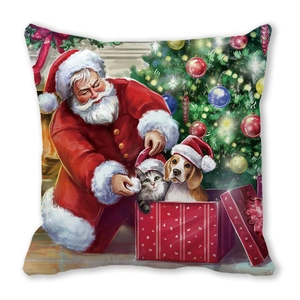 Detailed view of Christmas pillow showing Santa with pets and festive tree pattern