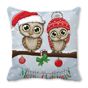 Winter owl peach skin pillowcase with Merry Christmas cartoon print and festive ornaments