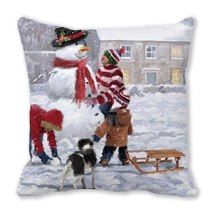 Detail view of festive winter oil painting print on velvet Christmas pillowcase