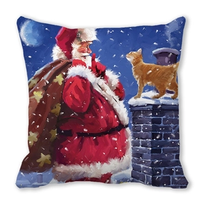 Merry Christmas square throw pillow with Santa and cat illustration on white background