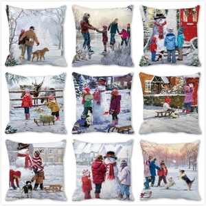 Merry Christmas Peach Skin Microfiber Cushion Cover Winter Snow Scene Oil Painting Style Square Pillowcase Home Sofa Decor