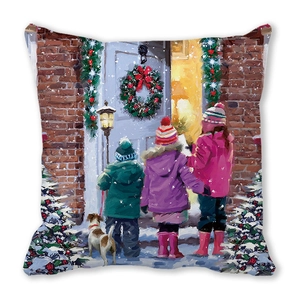Merry Christmas peach skin pillow cover with vintage oil painting kids and dog