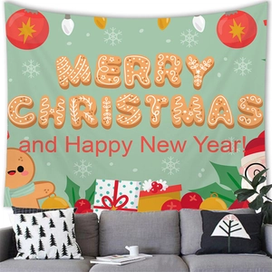 Detail of Christmas tapestry fabric showing festive patterns and Merry Christmas text