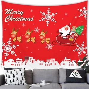 Detailed texture of festive Christmas tapestry hanging over a sofa for wall decor