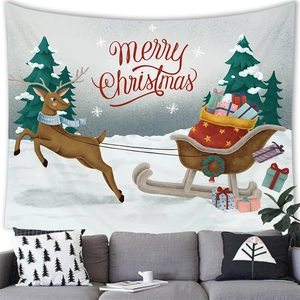 Detail of a Merry Christmas wall tapestry showing reindeer, sleigh, and festive trees