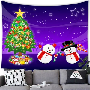 Detail of cartoon snowmen and decorated Christmas tree on a purple star tapestry