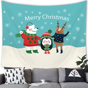 Detailed view of Merry Christmas wall tapestry with polar bear, penguin and reindeer icons
