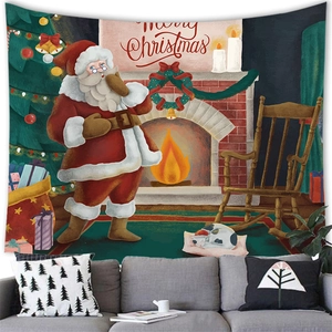 Detailed view of Merry Christmas wall tapestry with Santa and fireplace over a sofa