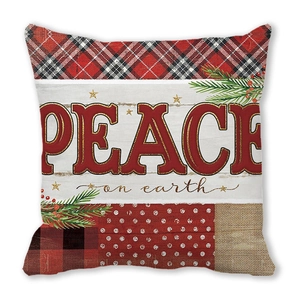 Details des Weihnachts-Kissenbezugs Peace on Earth mit Karomuster und Beerenmotiv