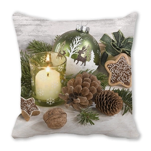 Weihnachtskissenbezug mit Kerzen, Elchkugeln und festlichen Tannenzweigen für Sofa-Deko