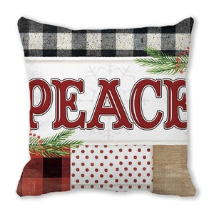 Detailansicht Weihnachtskissenhülle aus Pfirsichhaut mit PEACE-Druck und Karomuster