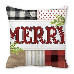 Detail eines Weihnachts-Kissenbezugs mit Merry-Schriftzug und festlichen Mustern