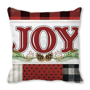 Detailansicht des JOY-Schriftzugs auf Weihnachtskissen mit Tannenzapfen und Karomuster