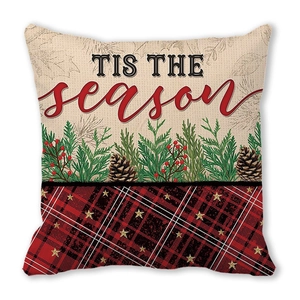 Detail des Weihnachtskissenbezugs mit Tis the Season Text und rot-schwarzem Karomuster