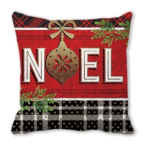Makro-Detail der Noel Weihnachtskissenhülle mit Glitzer-Ornamenten und Karomustern