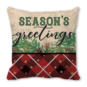 Detailansicht Weihnachtskissenbezug mit Season's Greetings Text und Karomuster