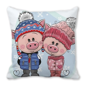 Detailed view of winter owl peach skin cushion cover with cute cartoon pig illustration
