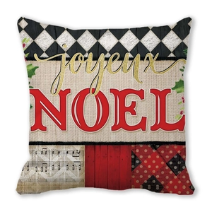 Weihnachtskissenbezug mit Joyeux Noel Text und festlichem Patchwork-Muster Design