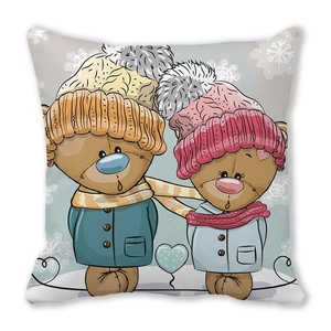 Detail of cartoon bears on peach skin pillowcase with winter scarf and snow texture