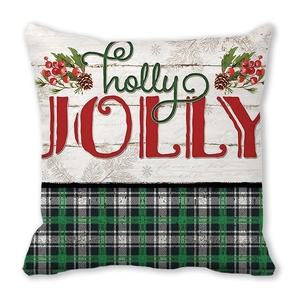 Weihnachts-Kissenbezug mit Holly Jolly Schriftzug, grünem Schottenkaro und Kiefernzapfen