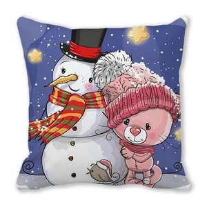 Detail of winter owl pillowcase showing a snowman and cute pink cat in snow scene