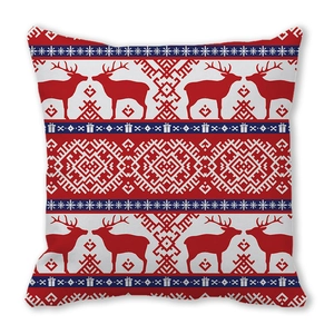 Close-up of red and blue Christmas elk pattern on high-density peach skin pillowcase