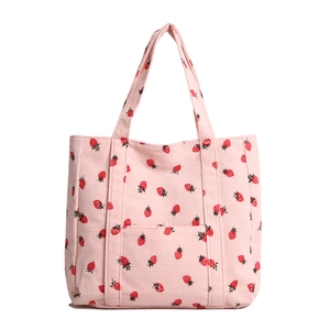 Sac cabas en velours côtelé rose à motif fraises avec poche extérieure pour femmes