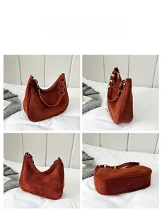 Detailed four-angle view of rust red matte suede hobo shoulder bag with metal ring strap
