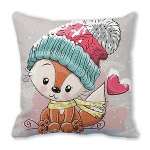 Close-up of winter cartoon fox illustration on peach skin fabric square pillowcase
