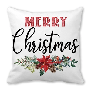 Détail de la taie d'oreiller Joyeux Noël avec poinsettia aquarelle et pommes de pin sur blanc