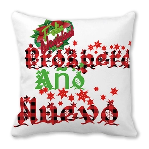 Coussin de Noël blanc avec texte Feliz Navidad à carreaux rouges et couronne de fête